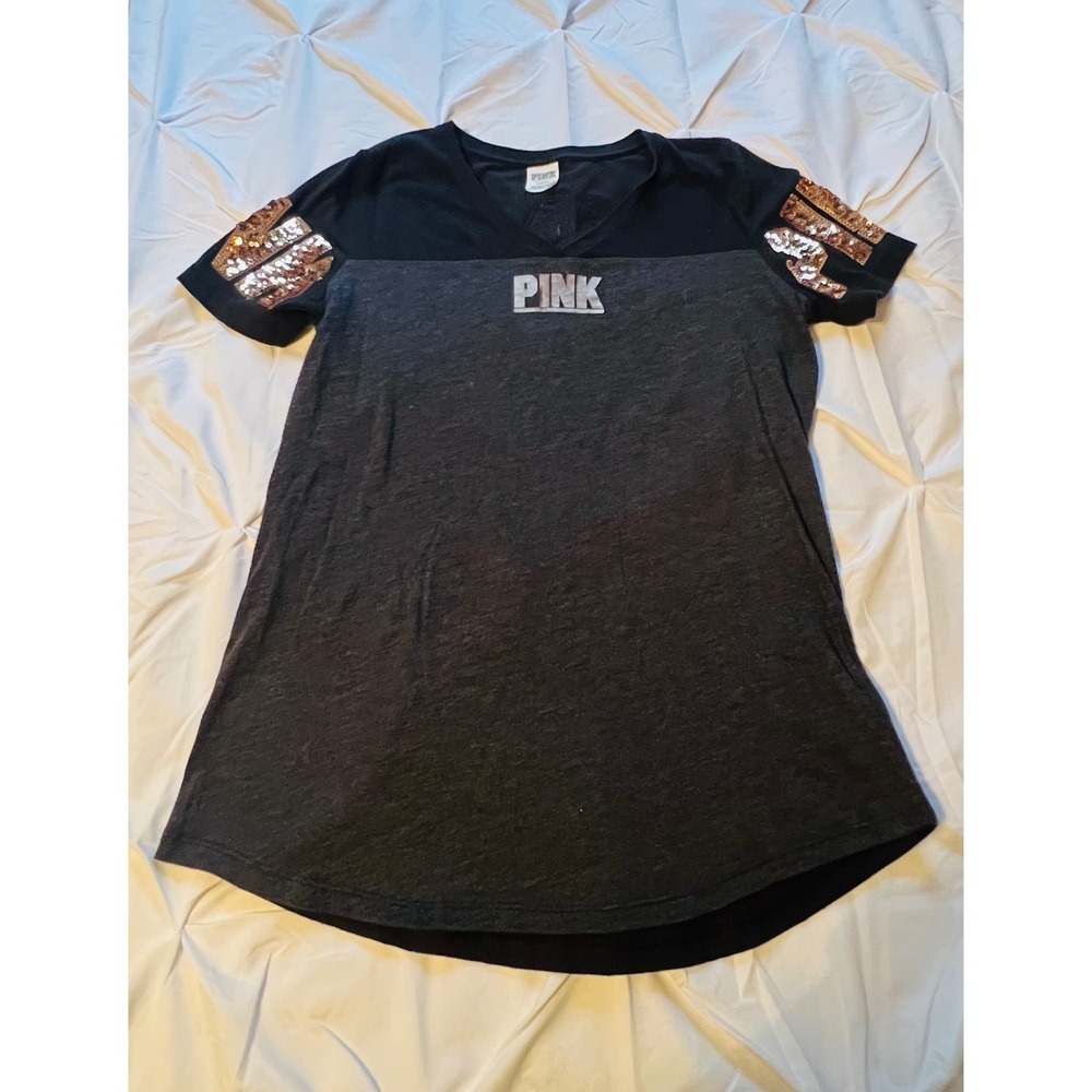 Pink Victoria's Secret T-Shirt Womens Medium Black Grey Good Sequin Logo